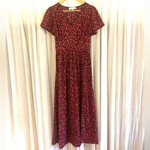 Red Floral Maxi Dress with Short Sleeves